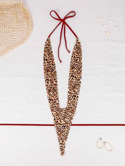 1pc Women's Sexy Leopard Print Bodysuit, Lingerie, V-Neck Design With Burgundy Belt, Soft Stretchy Fabric, Alluring Wild Style, Ideal For Intimate Bedroom Nights And Romantic Occasions