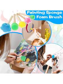 4/10/12件套，5个彩色花朵形状海绵印章套装，带木柄——非常适合DIY绘画和手工制作，海绵画笔套装，圆形花朵海绵刷适用于美术课丙烯画，泡沫模具刷 - 彩色 - 查看 5