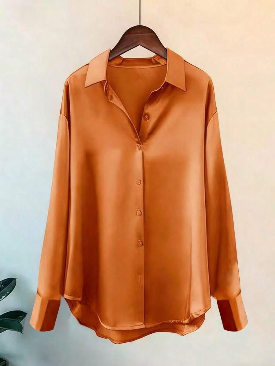 大码女式纯色休闲奢华宽松长袖衬衫，冬季派对风尚。女士优雅百搭垂坠复古长袖缎面上衣，四季皆宜，适合日常机场、办公室、万圣节、圣诞节、新年、感恩节、派对、街头、春季等场合穿着。
