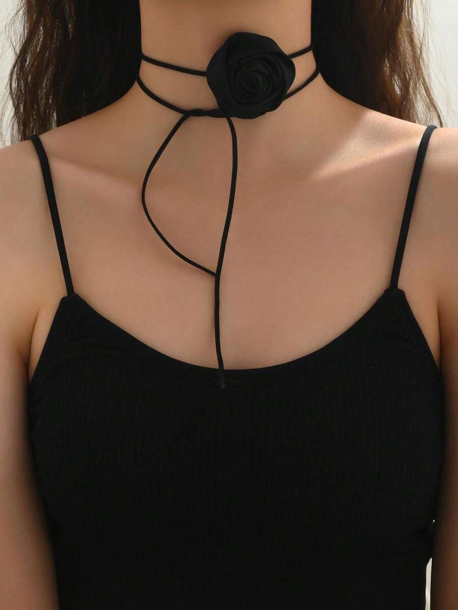 1件女士优雅布艺花卉蝴蝶结颈链，适合度假和派对佩戴 - 黑色 - 查看 1