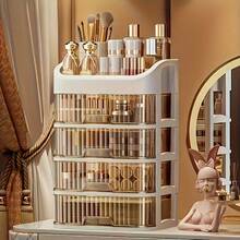 3/5-Layer Fashionable Dust-Proof Cosmetics Storage Rack - Lightweight Plastic Storage Rack, Suitable For Skin Care Products, Facial Mask And Lipstick | Perfect Choice For Bathroom Countertops, Halloween,Halloween,Fall Home Decor,Fall Decor,Christmas,Christmas Decorations For Home - Apricot 4-layer - View 1