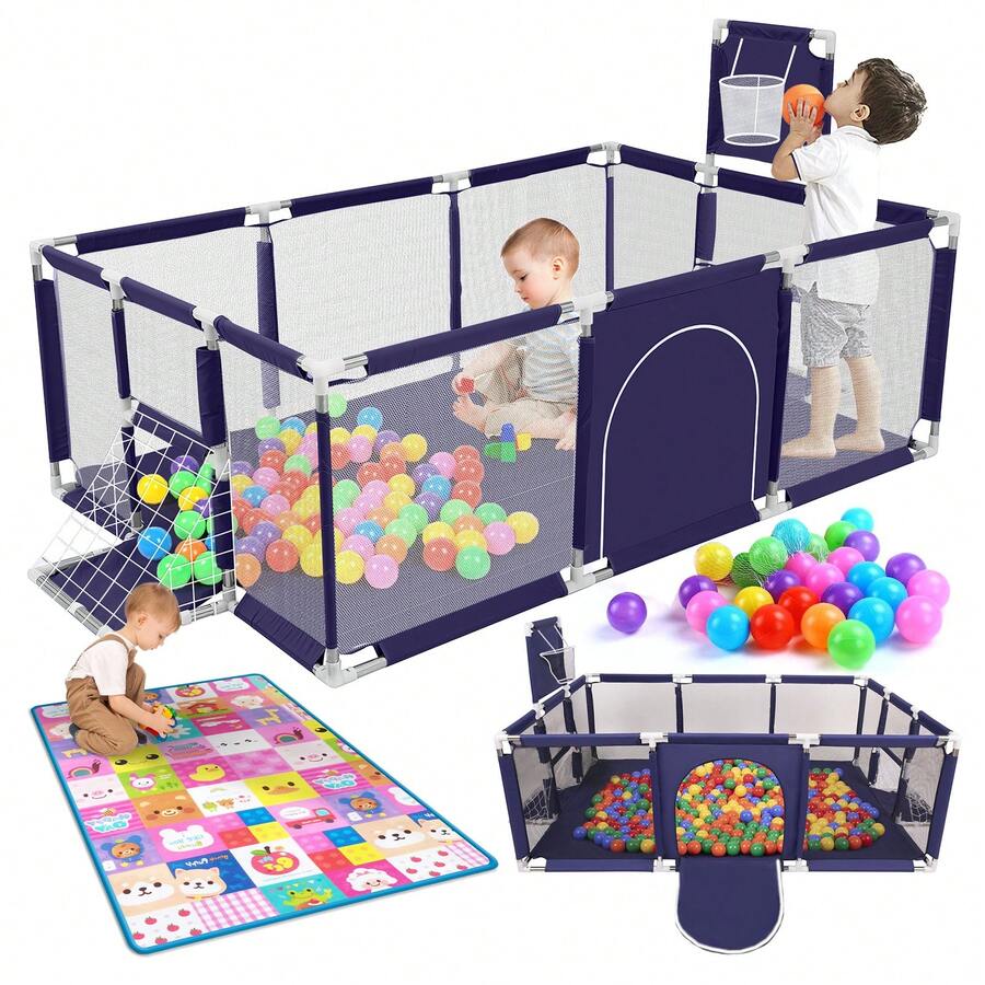 Corral Para Bebé Corral De Juegos Bebés, Corral Plegable Bebe Con Una Alfombra De Juegos, Con Aro De Baloncesto, Porteria De Soccer Y 20 Bolas Oceánicas Apto Para Uso En Interiores Y Exteriores Por Niños De 0 A 6 Años
