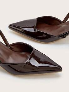Zapatos de tacón de aguja de piel patentada de unicolor para mujer, elegantes sandalias de tacón alto de punta fina, tacones altos con correa de tobillo de moda, zapatos de vestir para ocasiones formales, bodas y fiestas - Café integral - Ver 4