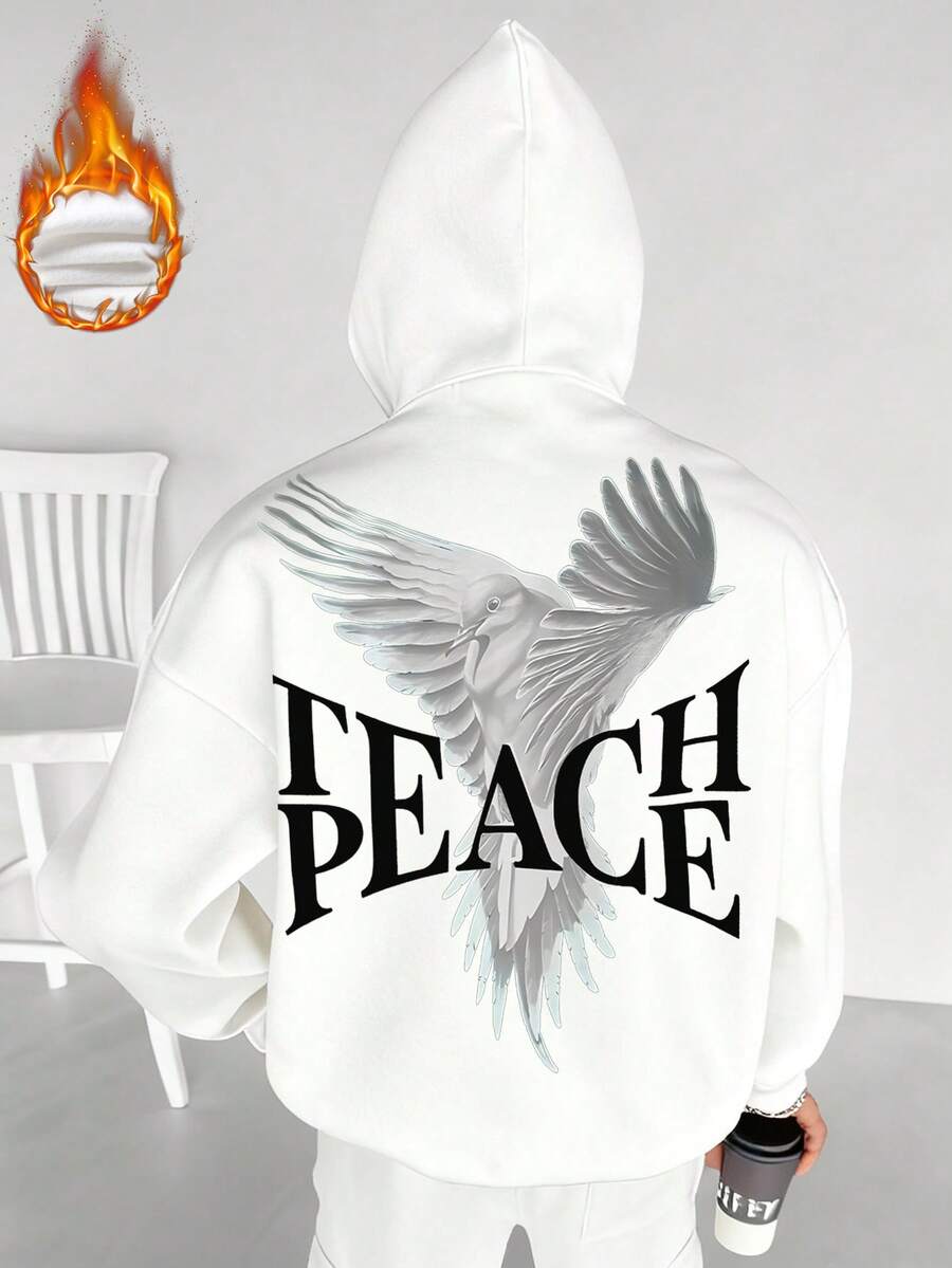 Zrgoth 男士連帽衛衣 秋冬新款街頭風「PEACE」翅膀圖案印花保暖內裡連帽運動衫