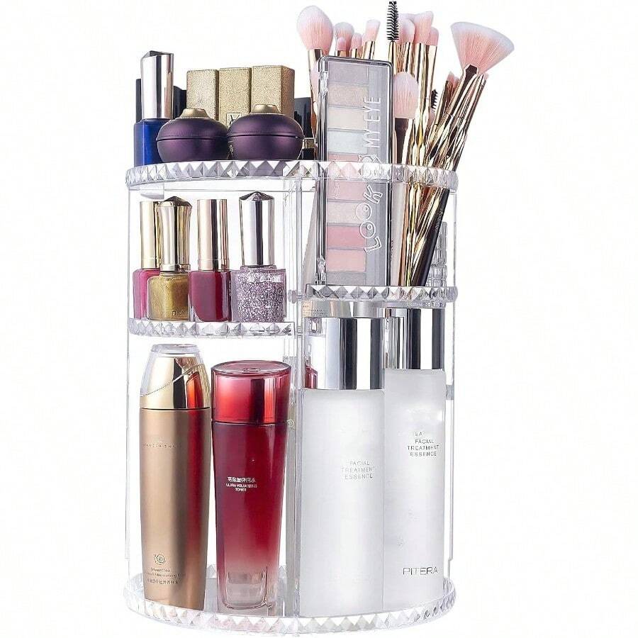 IMLUCKY Organizador de Maquillaje-Caja Organizadora de Cosméticos Giratoria 360-Vitrina de Aalmacenamiento de Tocador Acrílico para Baño/Encimera - Diamante transparente - Ver 1