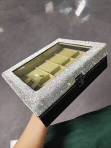 1pc Luxury Sparkling Artificial Rhinestone Watch Storage Box With Lid, Dust-Proof Large Capacity Display Case For Watches, Bracelets, Cosmetics, Men's & Women's Watches, Gift - Silver - View 7