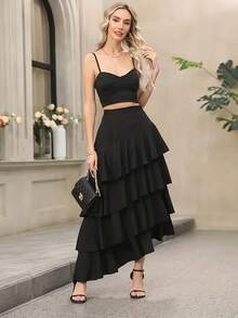 فستان ماكسي أسود للنساء من فوسلات مع تصميم طبقات وكشكشة غير متماثلة في الذيل وخصر عالي، مناسب لحفلات المساء، حفلات الزفاف، عيد الحب، الصيف، الكرنفال، ملابس الشاطئ، الحفلات، الخروج، العطلات - الأسود - مشاهدة 9