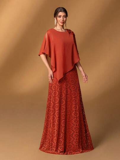 Faeriesty Mosy 惊艳圆领蝙蝠袖蕾丝新娘母亲礼服，优雅鱼尾裙摆 - 完美适用于婚礼仪式、正式晚宴、晚宴舞会、红毯活动、豪华招待会