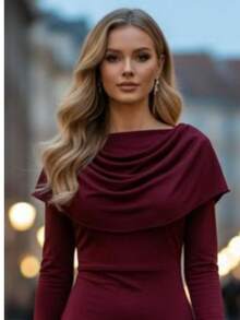 Women's Shawl Collar Draped Burgundy Long Dress