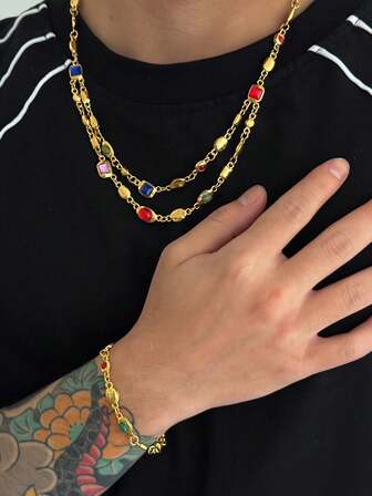 1件嘻哈水钻项链，男士个性化双层金属颈链