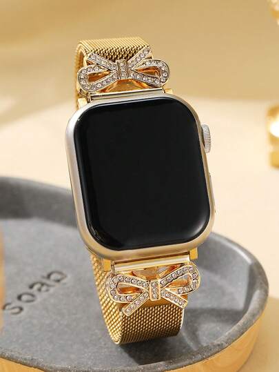 1pc Elegante Goud Bow Tie Magnetic Mesh Stainless Steel Horloge Women Compatible Apple S11/10/9/8/7/6/5/4/3/2/1/Se/Ultra, 46/49/38/40/41/42/44/45mm, Charm view 10
