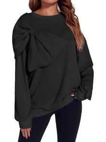 Fisoew Preppy Style Oversized Sweatshirt With Bow Tie Women Fall Vintage Crewneck Pullover Top Long Sleeve Blouse - màu đen - Xem 1