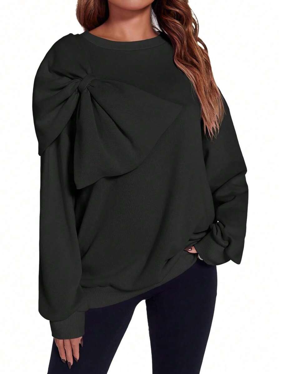 Fisoew Preppy Style Oversized Sweatshirt With Bow Tie Women Fall Vintage Crewneck Pullover Top Long Sleeve Blouse - màu đen - Xem 1