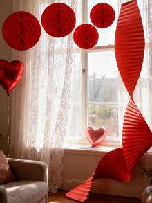 5件套情人节婚礼天花板装饰红色瓦楞纸花环，红色蜂窝球，适用于婚礼、新年派对装饰、婚房庆典墙面装饰、客厅卧室中式婚礼装饰、房间装饰