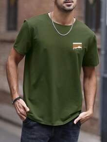 男士简约山地元素印花短袖T恤 - 軍綠色 - 查看 3