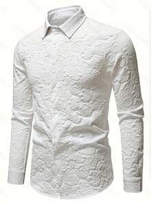 Men's Solid Color Long Sleeve Shirt, Button Detail, Knit Fabric, Regular Fit, Suitable For Business And Casual Everyday Wear - White - View 1