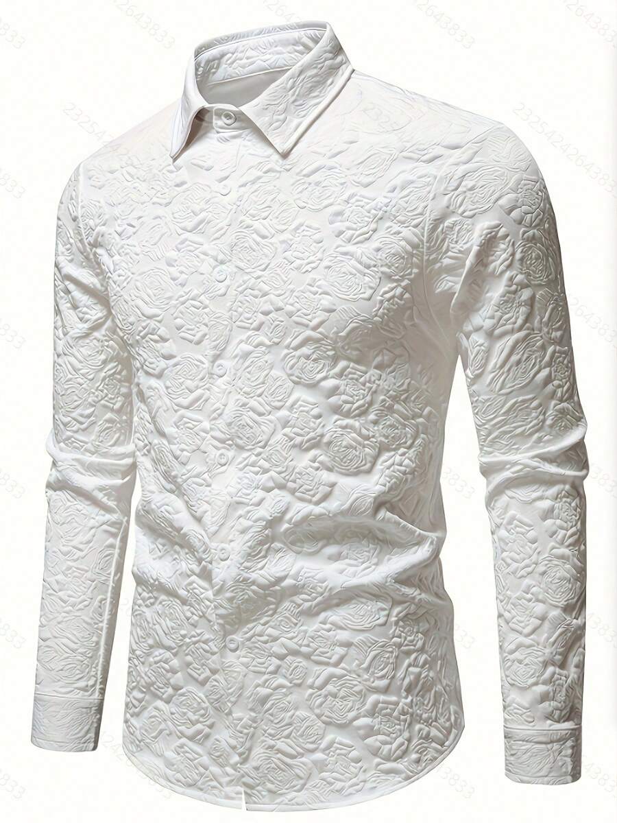 Men's Solid Color Long Sleeve Shirt, Button Detail, Knit Fabric, Regular Fit, Suitable For Business And Casual Everyday Wear - White - View 1