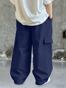 1pc Young Boys' Fashionable Versatile Casual Comfortable Street Chic Commute School Vacation Daily Wear Dirt-Resistant Soft Multi-Pocket Straight Leg Cargo Pants, Spring/Summer/Autumn/Winter - Navy Blue - View 2