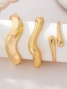 3 piezas/1 pieza Brazalete de onda geométrica minimalista gruesa y lisa de oro, adecuado para mujeres - Amarillo Oro - Ver 2