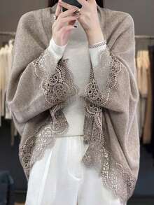 1pc Women 100% Merino Wool Poncho, Turtleneck Loose Knit Wrap Scarf, Asymmetrical Oversized Cape Shawl For Dress