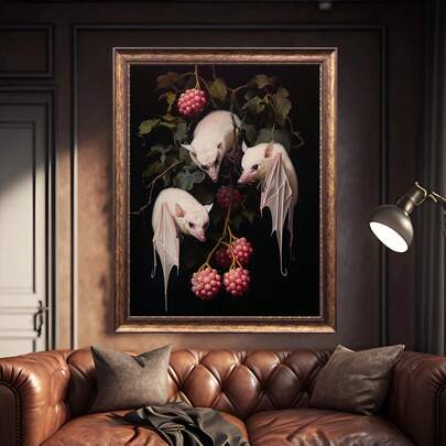 1pc Unframed Canvas Poster, Modern Art, Albino Fruit Bats Pomegranate Dark Academia Replica Printed Canvas Painting, Ideal Gift For Bedroom Living Room Corridor, Wall Art, Wall Decor, Winter Decor, Room Decoration