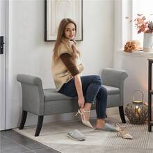 Butterslay 1pc Modern Tufted Storage Bench With Rubebr Wood Legs, Fabric Shoes Stool With Rolled Arms, For Entryway, Shop, Bar - Light Gray - View 1