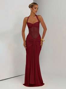 性感吊带露背收腰高开衩连衣裙，网纱拼接度假派对礼服，适合春季婚礼 - 酒紅色 - 查看 4