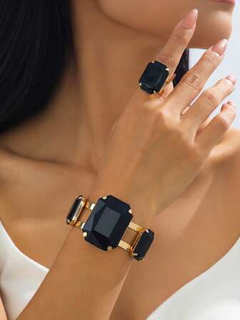 1 Set/2pcs Luxury Fashion Creative Metal Rhinestone Embellished Adjustable Bangle Bracelet + 1pc Fashionable Ring Jewelry Set, Suitable For Women To Wear At Formal Events, Parties, Vacations, Holidays As Gifts