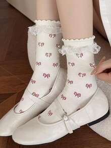 1双洛丽塔风格女士蕾丝边中筒袜，百搭公主/少女串珠荷叶边袜 - 彩色 - 查看 4