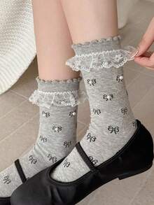 1双洛丽塔风格女士蕾丝边中筒袜，百搭公主/少女串珠荷叶边袜 - 彩色 - 查看 2