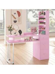 TABU Manicure Table, Professional Nail Table For Nail Tech With Side Cabinet And Large Drawers, Nail Workstation With Dust Collector And Wrist Cushion, Pink - 粉色 - 查看 11