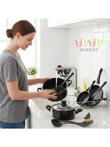 Juego de utensilios de cocina multifuncionales de 13 piezas, sartén antiadherente de cerámica saludable de agarre suave, juego de ollas de cocina de 13 piezas, juego para el hogar con tapa de vidrio templado, revestimiento antiadherente, conducción eficiente del calor, resistente y duradero, excelente sensación, variedad de ollas Los tipos satisfacen las necesidades diarias (azul, morado, rosa)