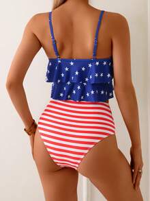 Women's Fashionable USA Flag Print Casual Tankini Swimsuit Set - Blue - View 2
