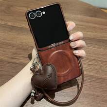 奢华棕色磁吸无线充电手机壳，配心形吊坠和皮绳，兼容三星 Galaxy ZFlip7、ZFlip6、ZFlip 5，防震后盖 - 棕 - 查看 5