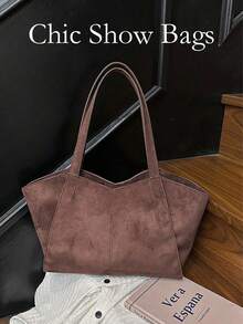 Imitation Suede Tote Bag, Retro Commuter Armpit Bag, Large Capacity, Stylish Shoulder Bag - Coffee - View 1