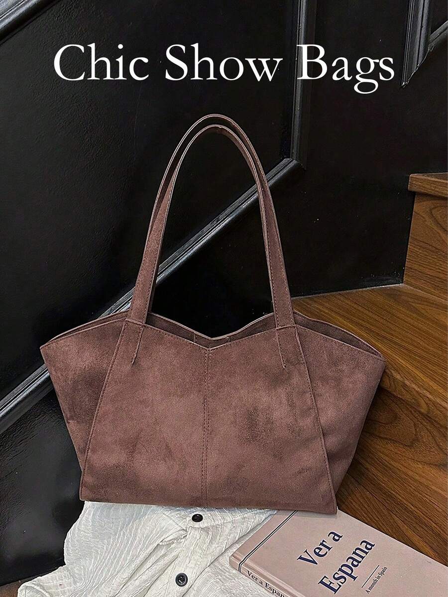 Imitation Suede Tote Bag, Retro Commuter Armpit Bag, Large Capacity, Stylish Shoulder Bag - Coffee - View 1