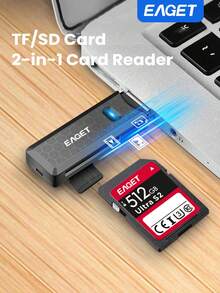 EAGET Lector de tarjetas SD mini portátil USB, adaptador de unidad flash USB 2.0 de alta velocidad 2 en 1 para tarjetas micro SD/TF, adaptador de tarjeta de almacenamiento enchufable y listo, para cámara, transferencia de datos, sin batería requerida, capaz de transferir fotos - Negro - Ver 1