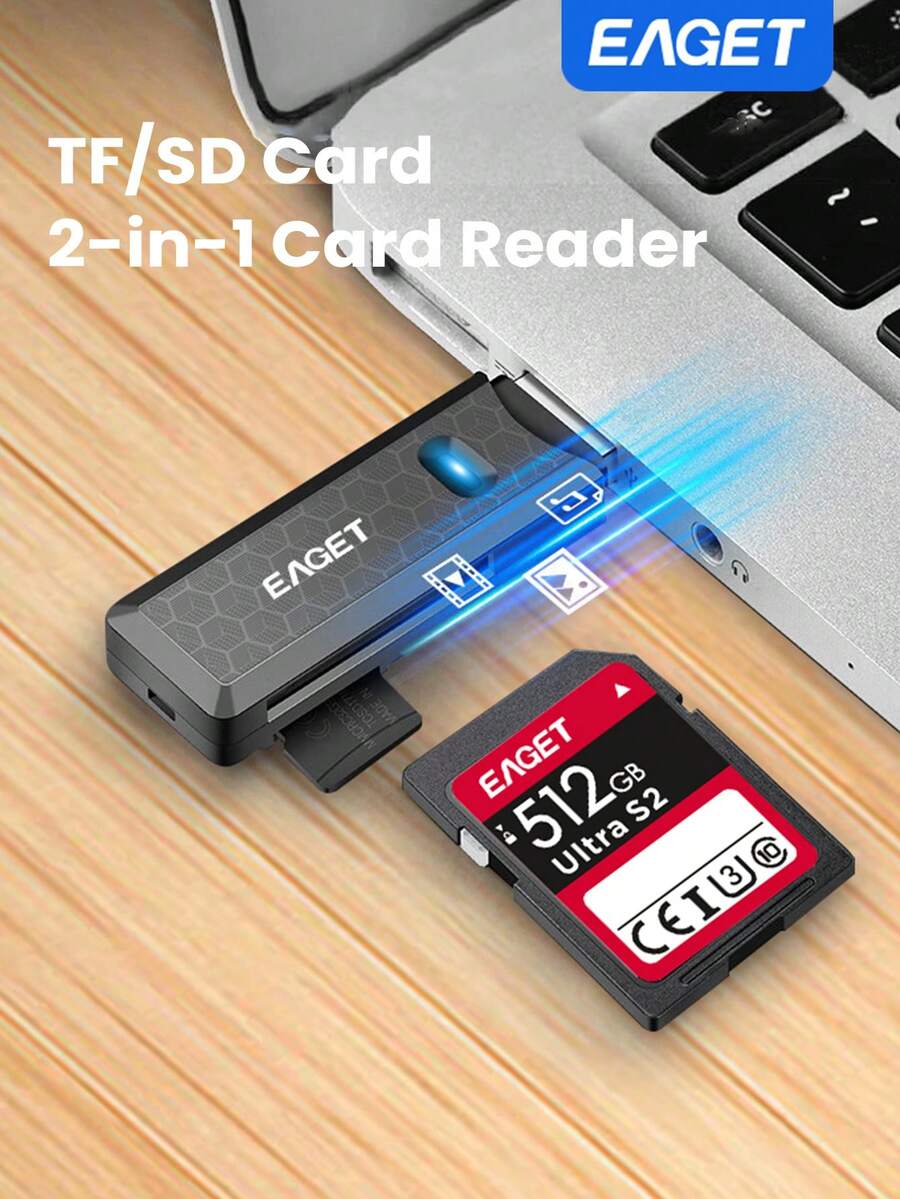 EAGET Lector de tarjetas SD mini portátil USB, adaptador de unidad flash USB 2.0 de alta velocidad 2 en 1 para tarjetas micro SD/TF, adaptador de tarjeta de almacenamiento enchufable y listo, para cámara, transferencia de datos, sin batería requerida, capaz de transferir fotos - Negro - Ver 1