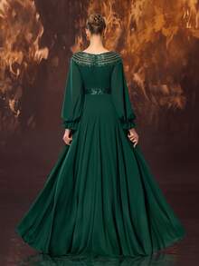 YISIKADO Elegante vestido largo de mujer con cuello redondo, bajo acampanado y adornos de lentejuelas - Verde Oscuro - Ver 2
