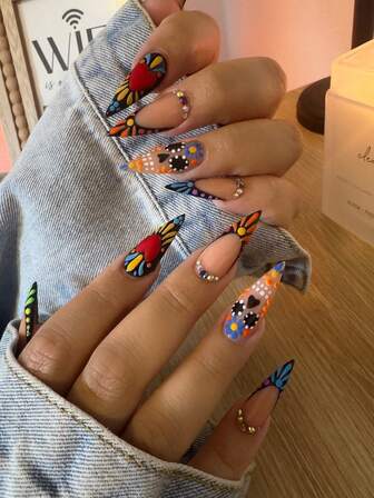 Elevate Your Style With 24pcs Colorful Nails, Long-Pointed Nails, Unique Punk Style, With Heart-Shaped Print Patterns, Paired With Rhinestones, Contain 1PC Glue And 1PC Nail File, For Woman & Girl Daily Wear, Rave Party Use Nail Supplies Nails