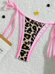 Women's Backless Leopard Print Patchwork Bikini Set (Top And Bottom), Casual Summer