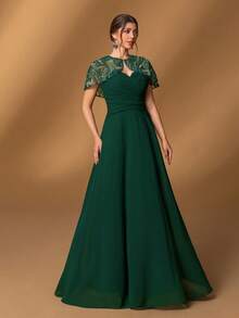 Faeriesty 莫西优雅露肩A字连衣裙，配刺绣披肩——惊艳的新娘母亲礼服，适合正式婚礼、黑领结晚宴、晚宴招待会、高档宴会和重要庆典。 - 墨綠色 - 查看 7