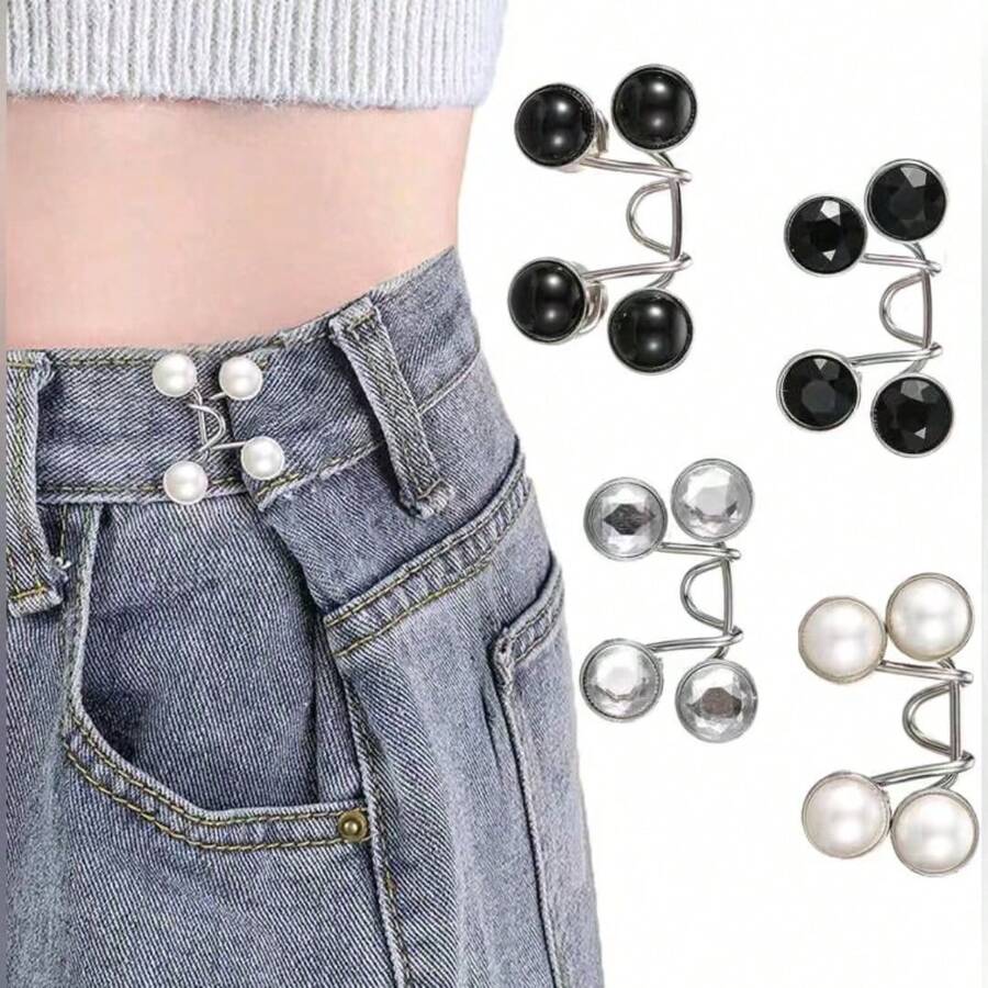 1pc/2pcs/4pcs Seamless Waist Belt Cincher Buckle, Adjustable Jeans And Pants Waist Buckle, Detachable Faux Pearl And Black Metal Snap Clip, No-Sew Jeans Adjuster