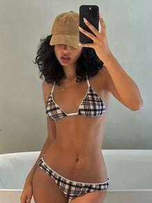 Sexy Plaid Lace Halter Neck Bikini Swimsuit With Tie Strap, Suitable For Beach, Pool Party - Champagne - View 4