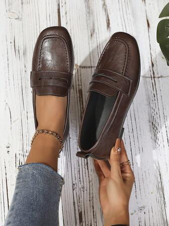 Preppy Office Soft Leather Loafers For Women, Round Toe Low Heel Flat Shoes, Real Leather Chunky Heel Slip-On Oxfords For Autumn/Winter