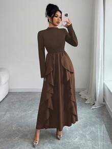 Solid Color Casual Elegant Conservative Ruffle Hem Dress, Suitable For Daily, Festivals, Birthday Parties, Valentine's Day And Other Occasions In Autumn - Coffee Brown - View 3