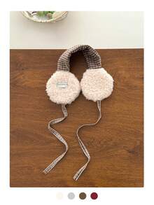 复古格子羊毛耳罩，女士款，加厚保暖，适合户外骑行，复古格子羊毛系带耳罩，女士冬季保暖耳罩，冬季装备 - 亮絲拼色條紋 - 查看 13