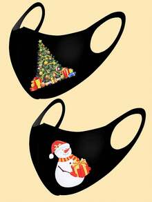 2个装儿童圣诞树和雪人图案口罩套装，可爱卡通口罩，男女童通用，弹性口罩，圣诞装饰，儿童面部配饰
