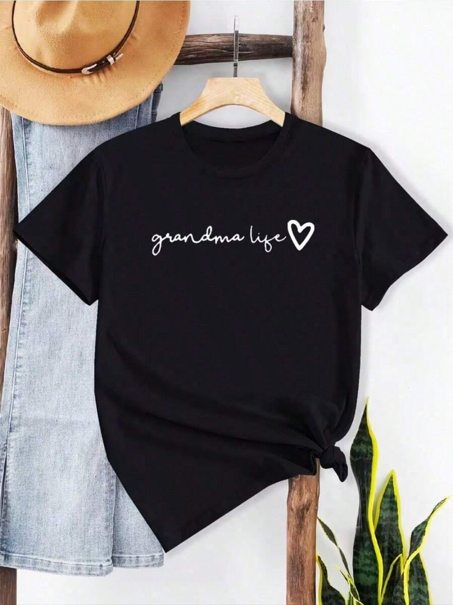 Camiseta informal de mujer con estampado de letras y corazones, cómoda camiseta de manga corta y cuello redondo, adecuada para primavera y verano, fiestas navideñas y conjuntos de invierno, apropiada para cualquier ocasión, color liso, estilo informal, fiesta de Navidad, reunión familiar, uso diario. - Negro - Ver 1