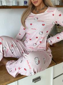 Sanrio 2pcs Hello Kitty Valentine's Day Women Printed Crew Neck Long Sleeve Top + Elastic Waist Pants Pajama Sleepwear Set